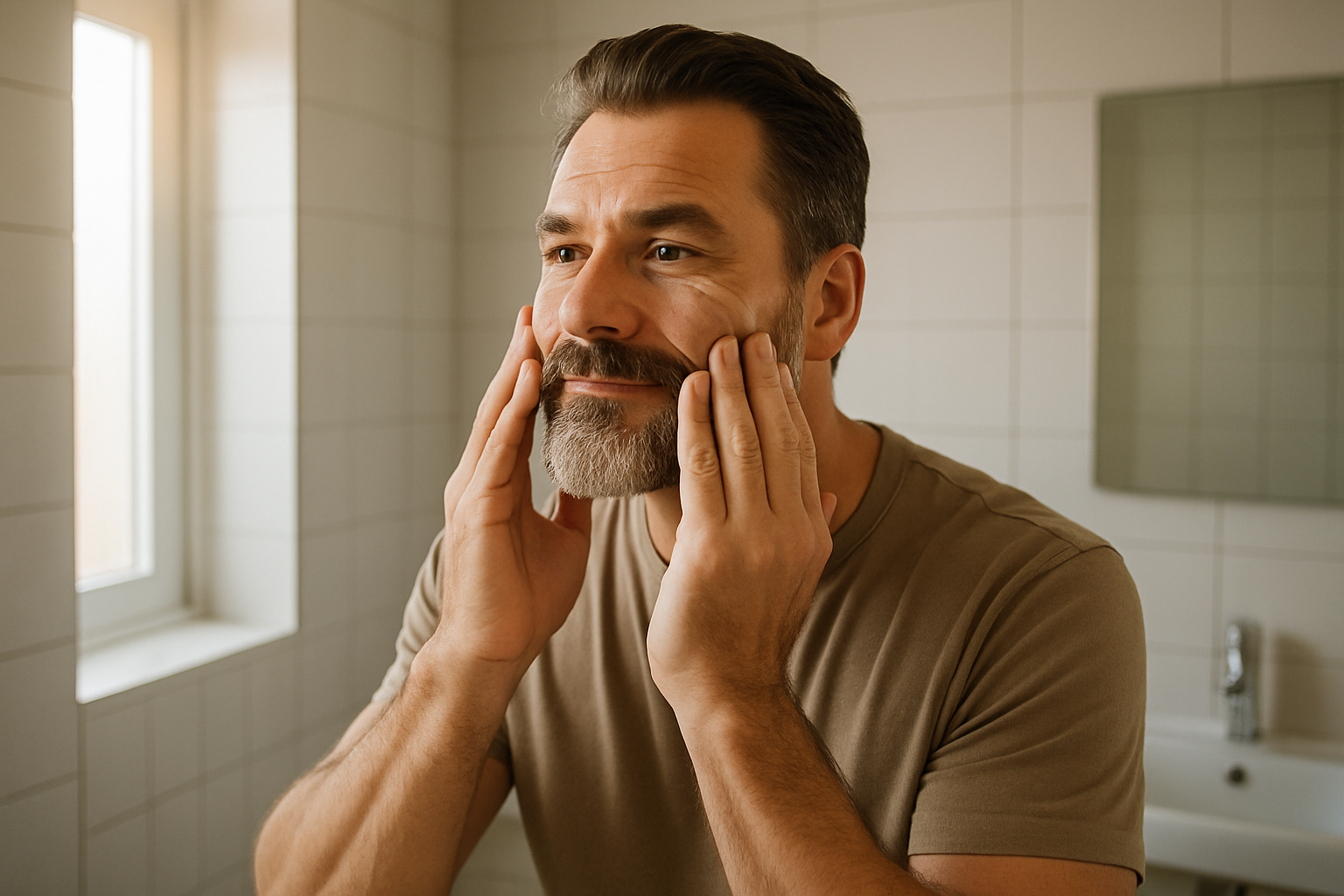 masculine middle aged man doing skin care
