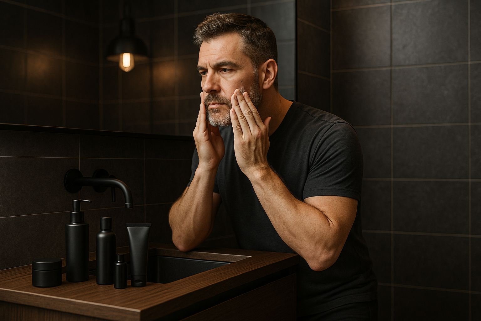 middle aged man doing skin care but masculine way 